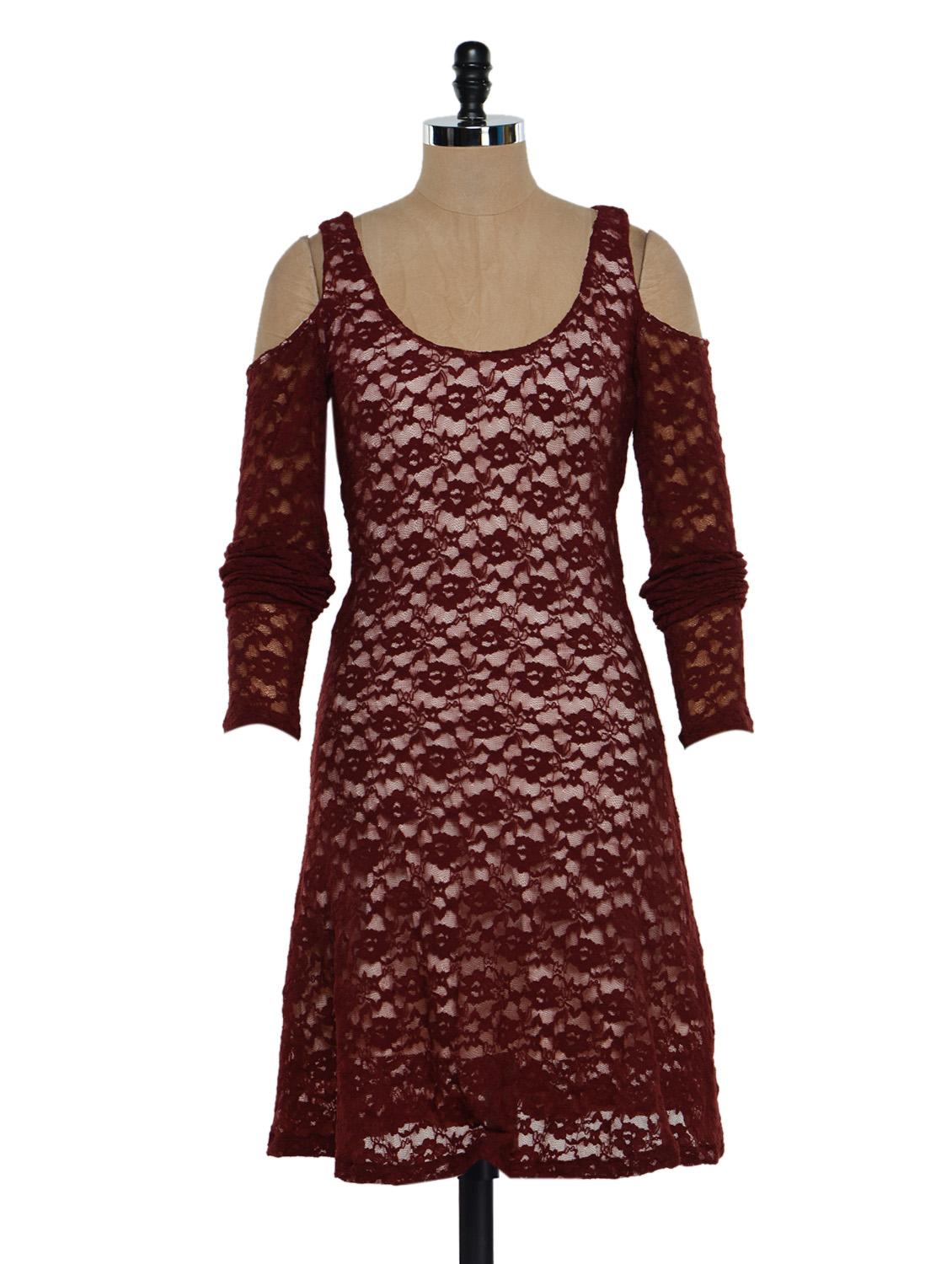 Maroon Lace Dress With Shoulder Cuts - Eavan