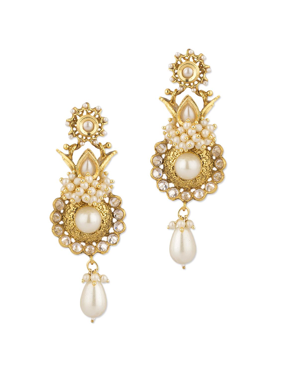CZ Encrusted Gold Plated Dangler Earrings With Pearls - Voylla