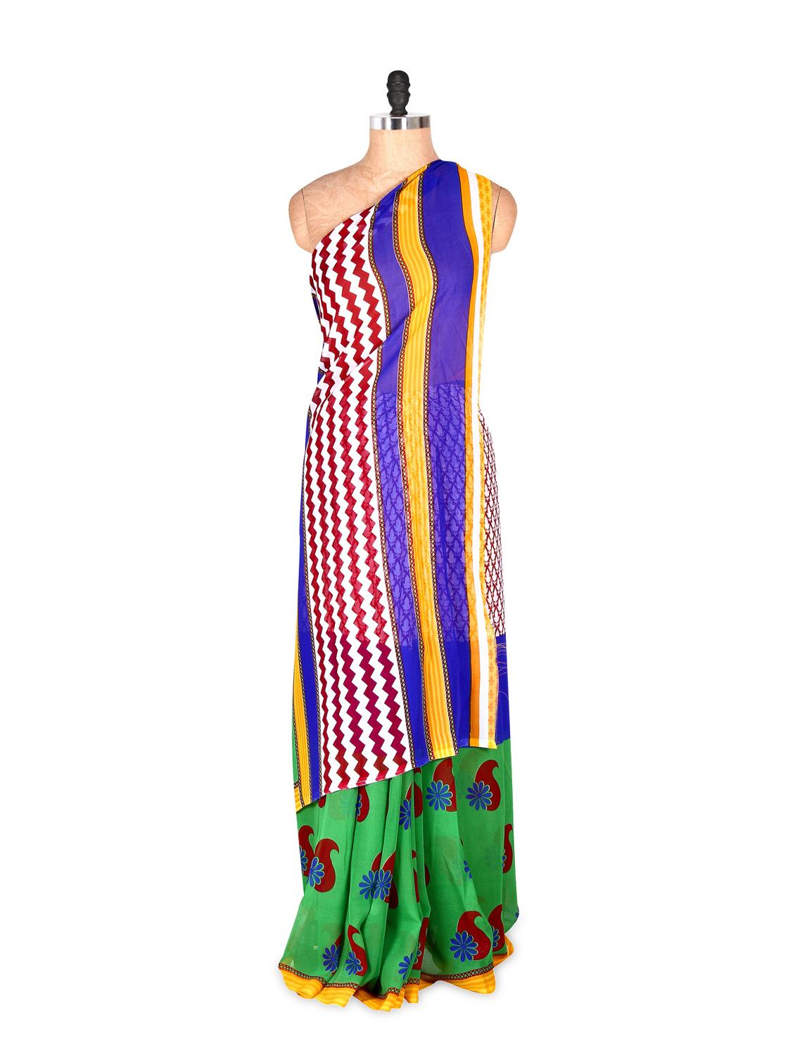 Graceful Yellow And Blue Printed Art Silk Saree With Matching Blouse Piece - Saraswati