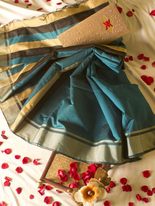 Turquoise Blue Saree With Striped Aanchal - Cotton Koleksi