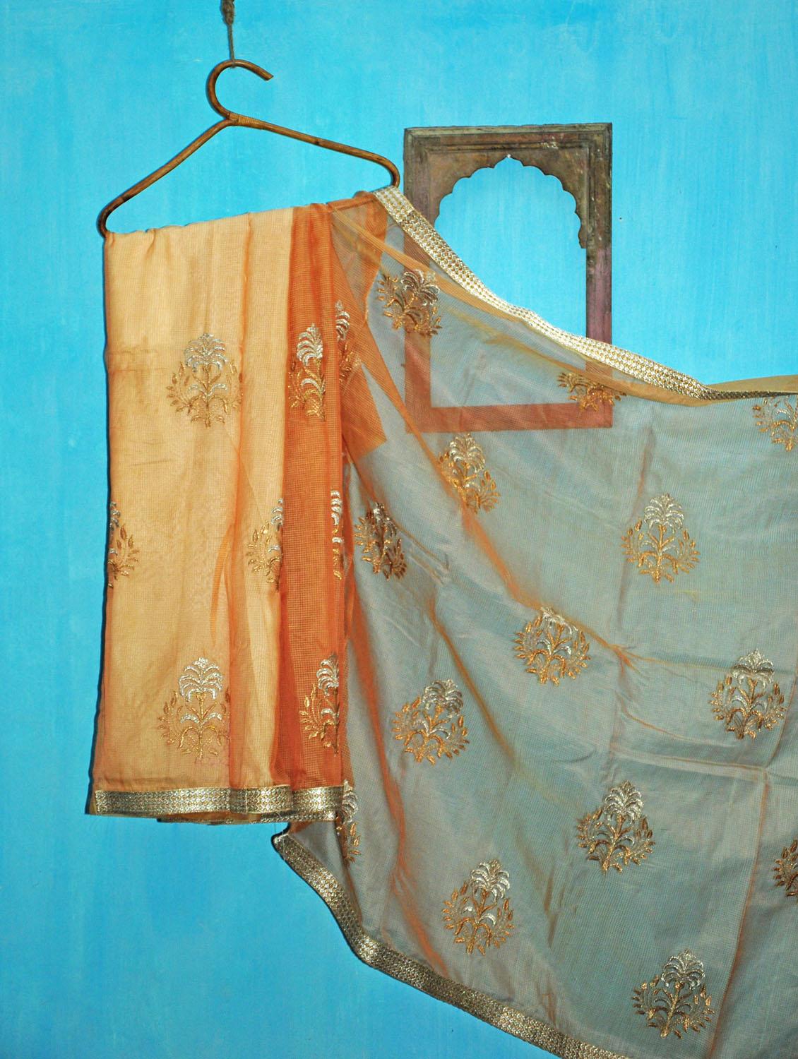 Peach And Orange Benarsi Net Saree - KAASI