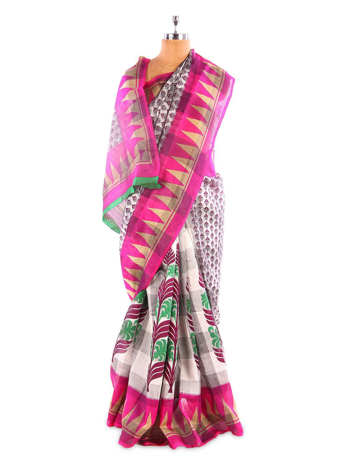 Pink And White Bhagalpuri Silk Saree - Fabdeal