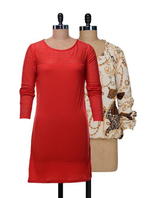 Set Of Off-white Printed Top And Solid Red Dress - @ 499