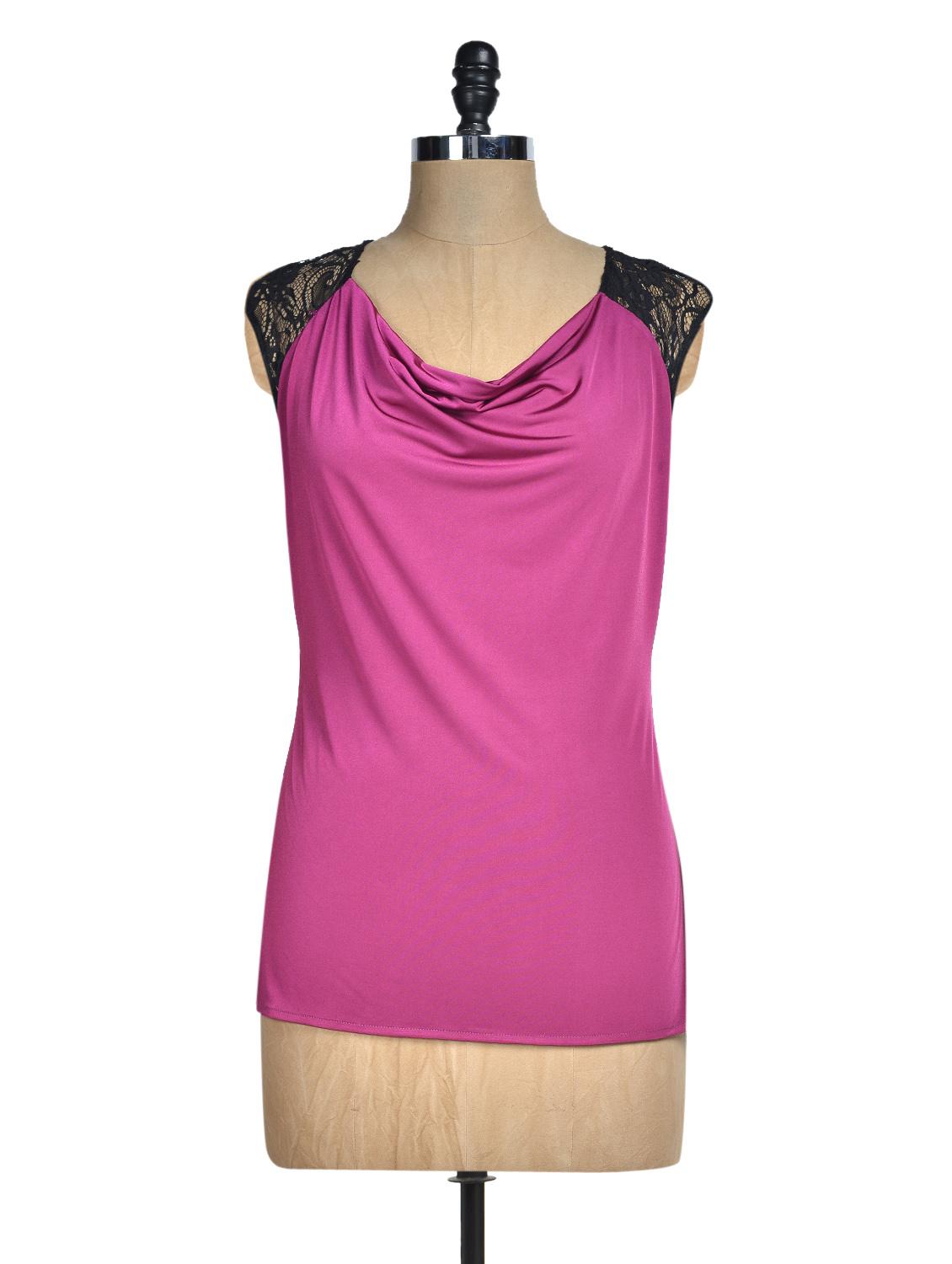 Solid Pink Top With Black Lace - Avirate