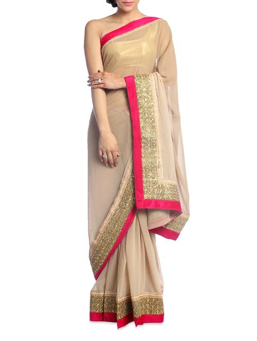 Solid Beige Saree With Pink Border - Suchi Fashion