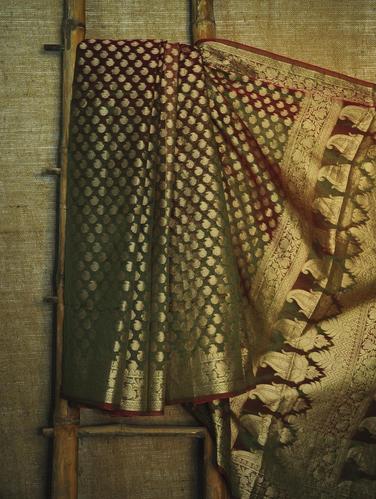 Regal green and red Banarasi saree