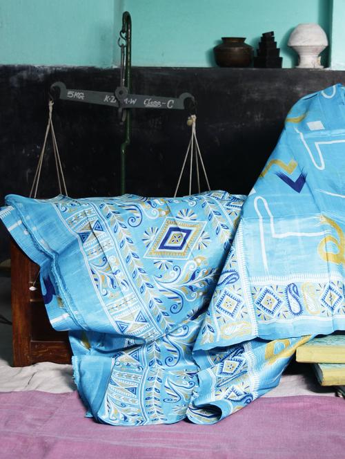 Sky Blue Printed Saree - Murshidabadi Silk
