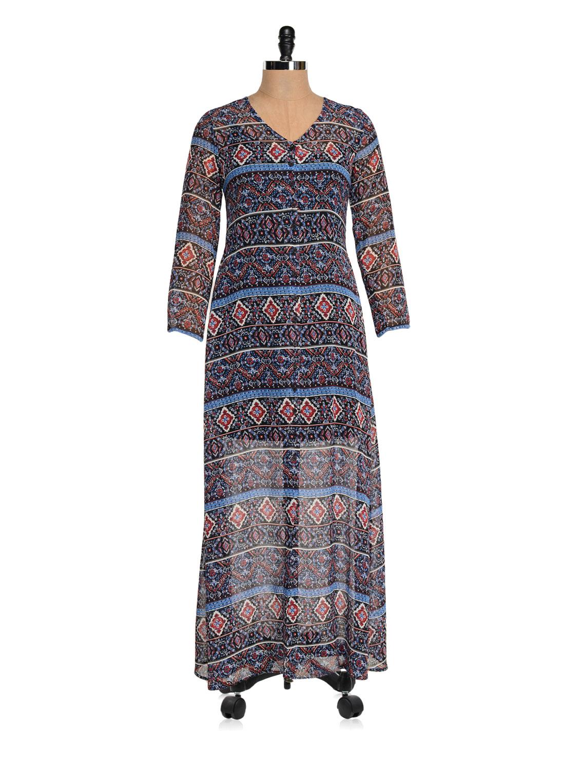 Black And Blue Printed Maxi Dress - Magnetic Designs