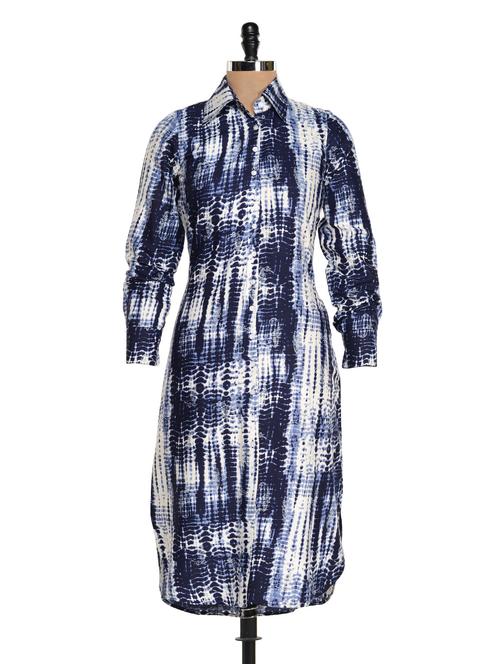 Blue And White Printed Shirt Dress - Magnetic Designs