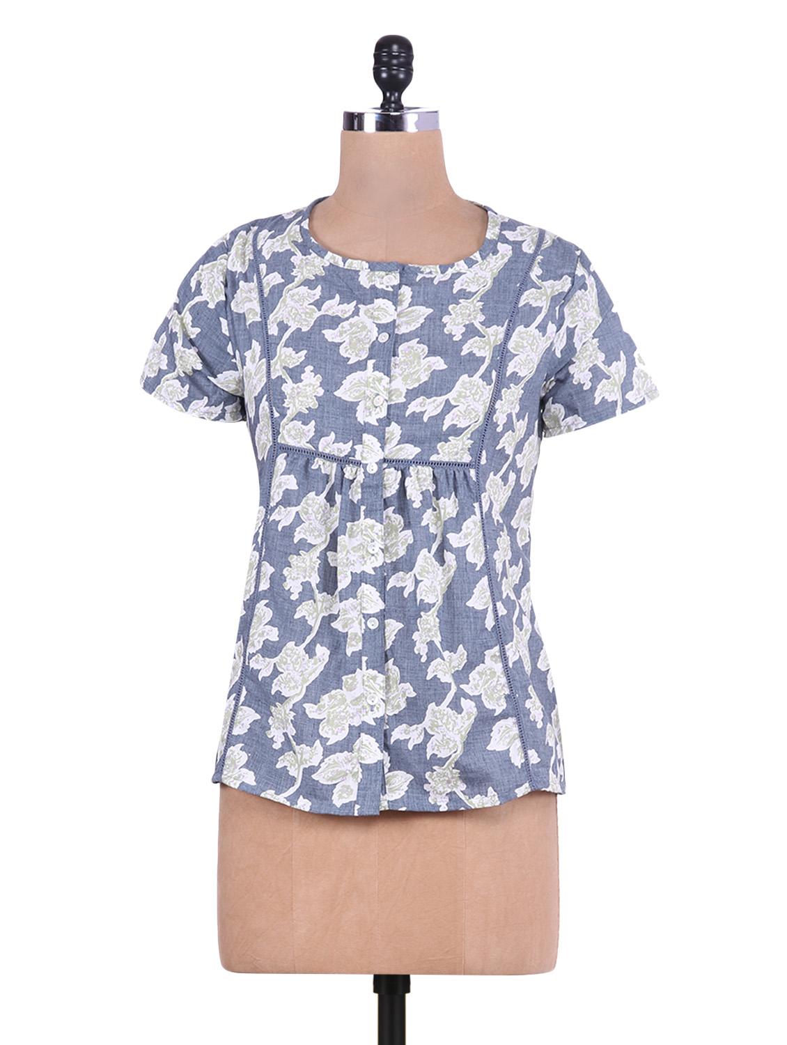 Indigo And Grey Floral Printed Cotton Top - By