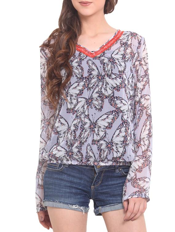 White Chiffon Printed Long Sleeved Top - By