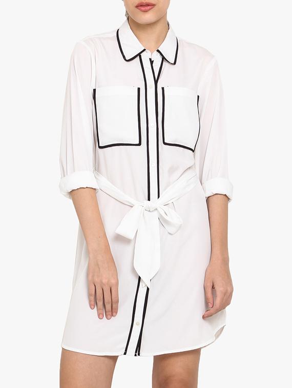 White Poly Crepe Shirt Dress With Fabric Belt - By