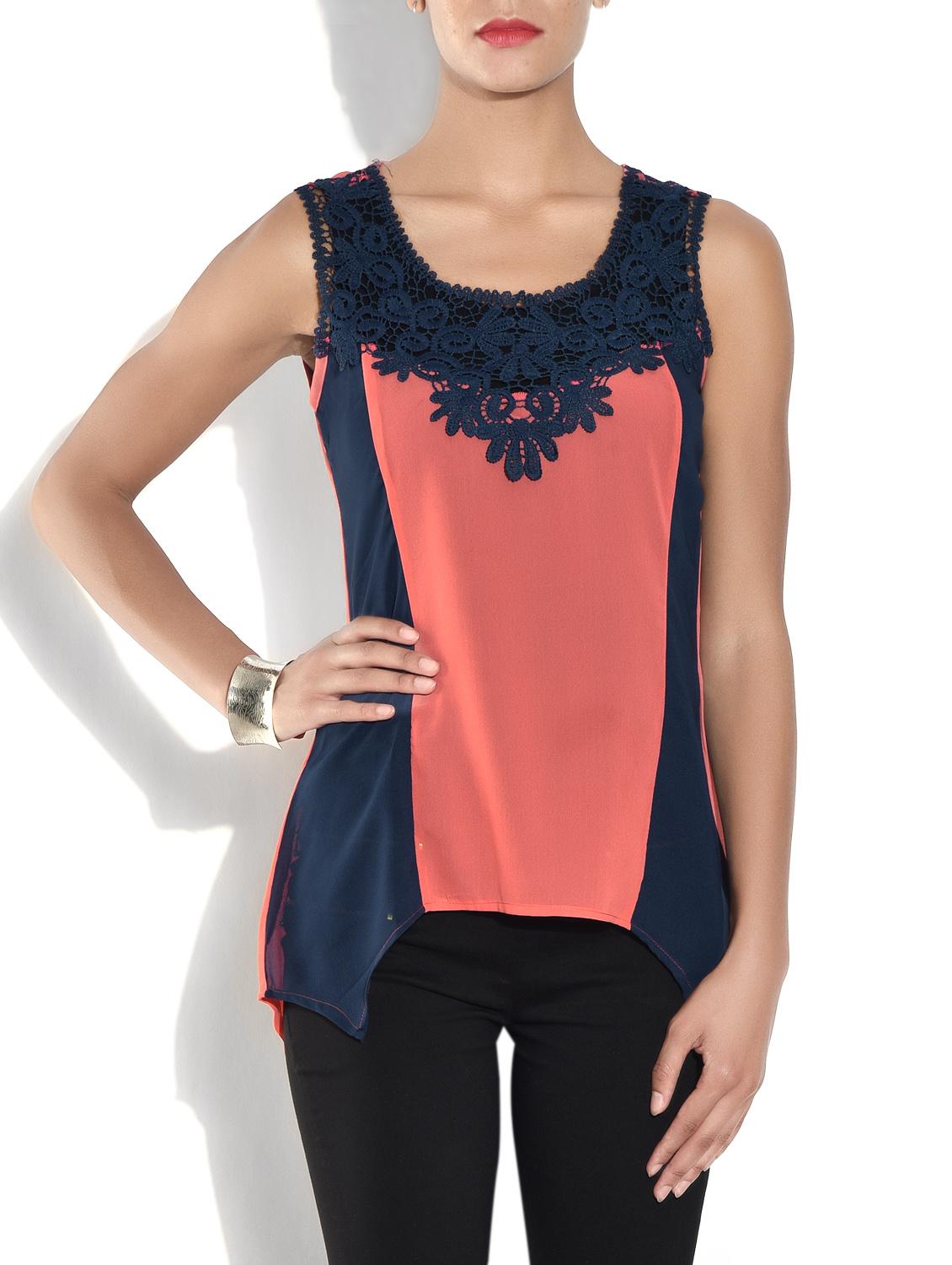 Rose Pink Poly Crepe Top With Lace Details - By