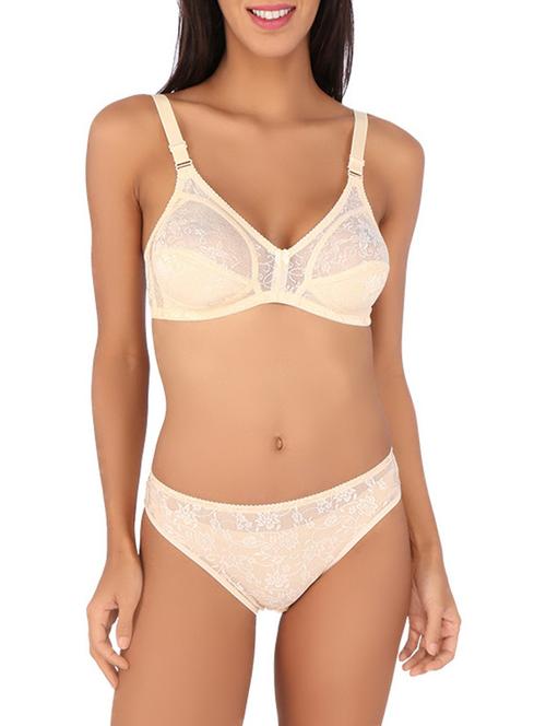 Beige Stretchable Laced Printed Full Cup Bra And Panty Set - 9559130 - Very Small Image - 1