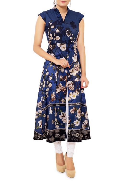 Navy Blue Cotton Floral Print Kurti - By