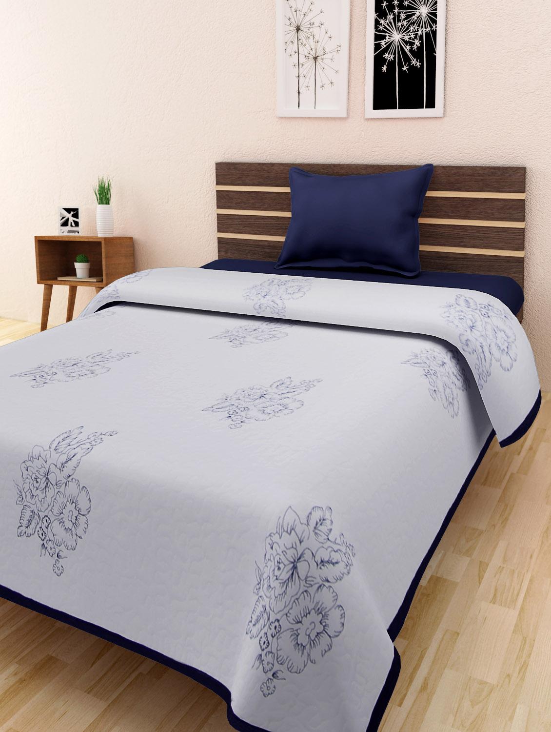 White And Blue Cotton Embroidered Double Bed Quilt - By