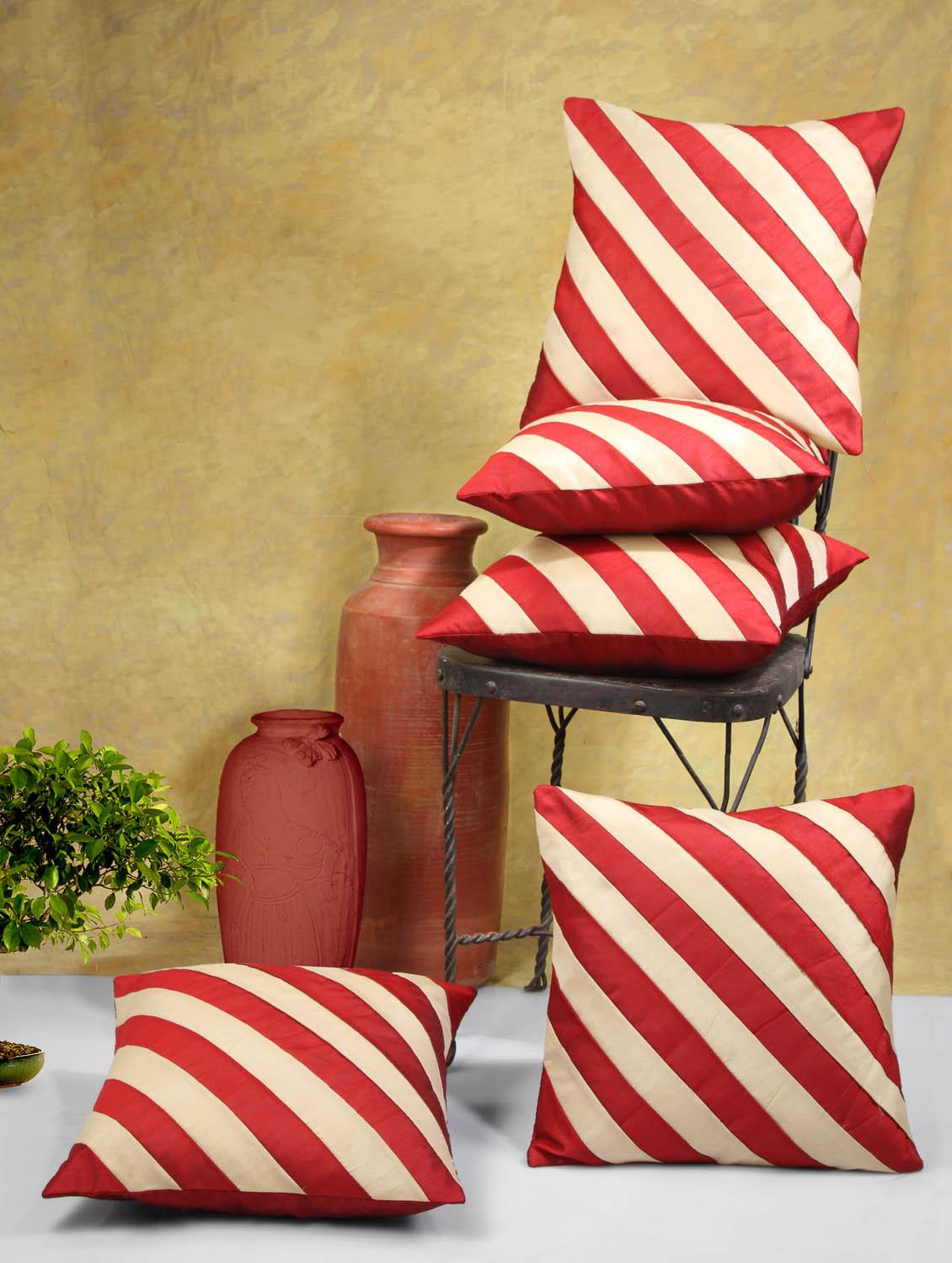 Red And Beige Striped Poly Cotton Cushion Covers (Set Of 5) - By