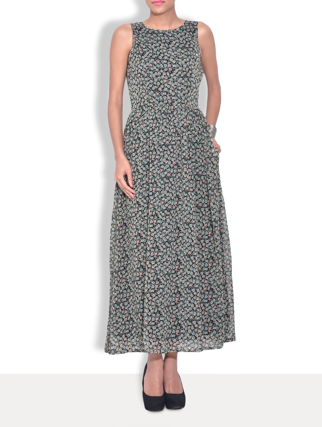 Black Chiffon Printed Sleeveless Maxi Dress - By