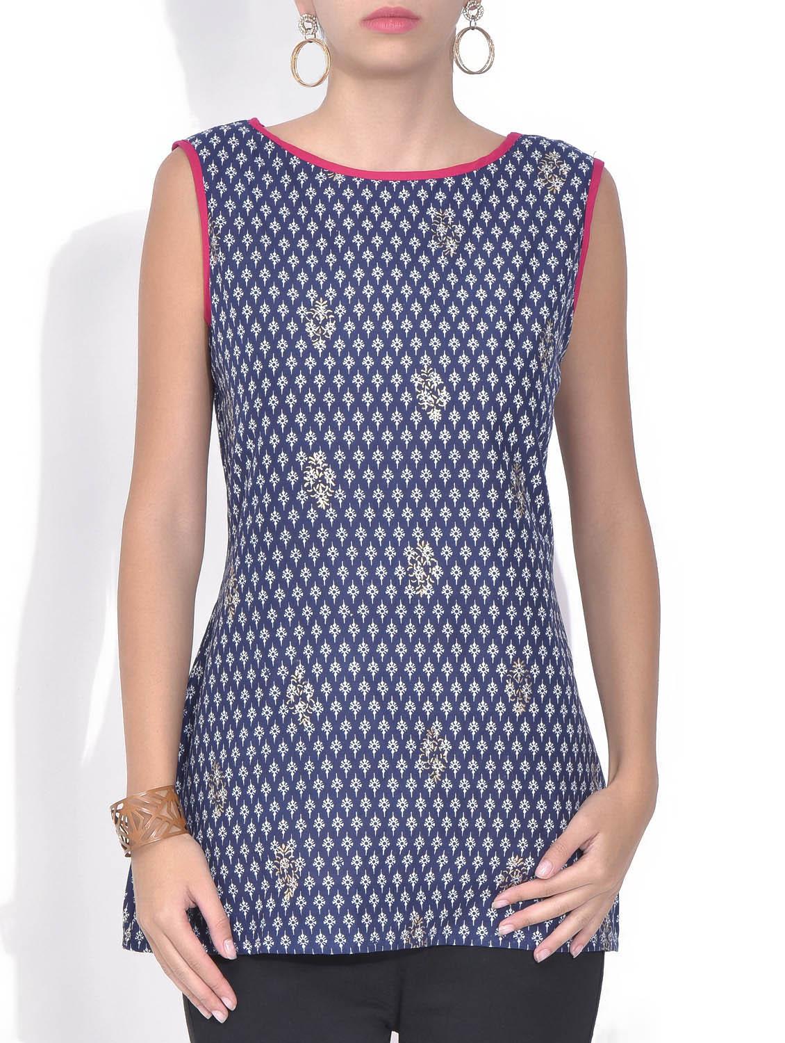 Navy Blue And Grey Printed Cotton Kurti - By