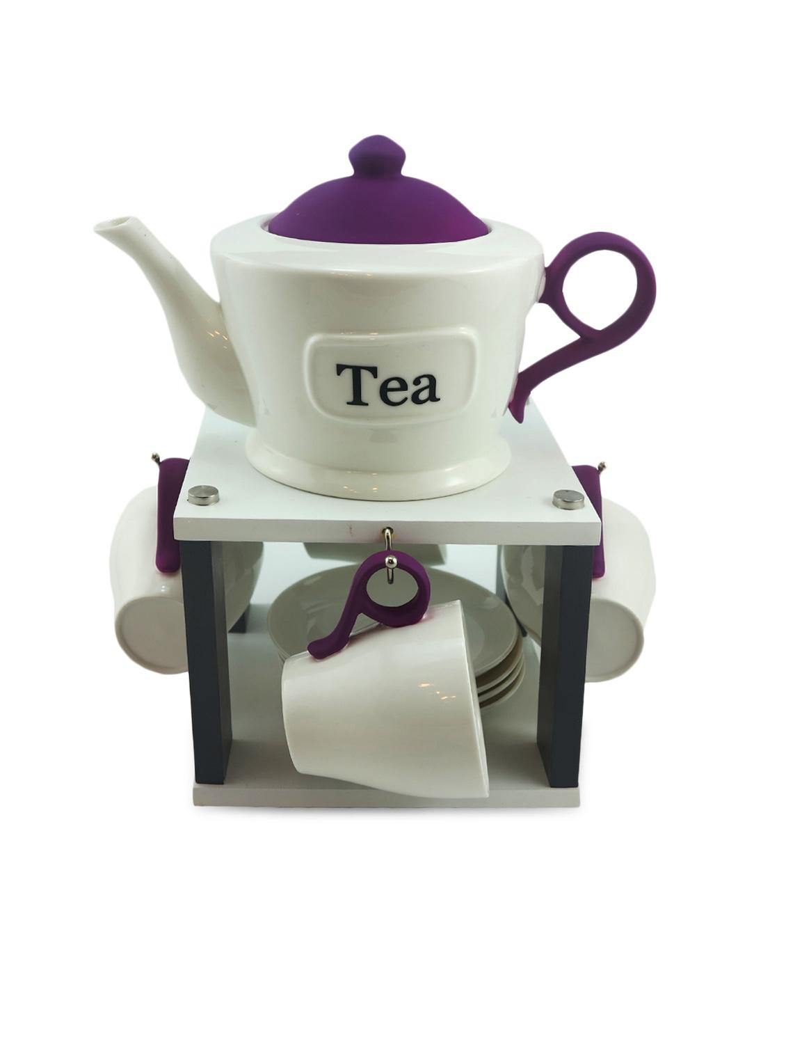 White Ceramic Tea Set Of 8 With A Kettle And Stand - By