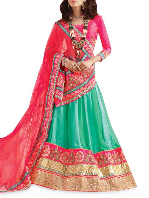 Green Crepe Embroidered Unstitched Lehenga Set - 9598252 - Very Small Image - 1