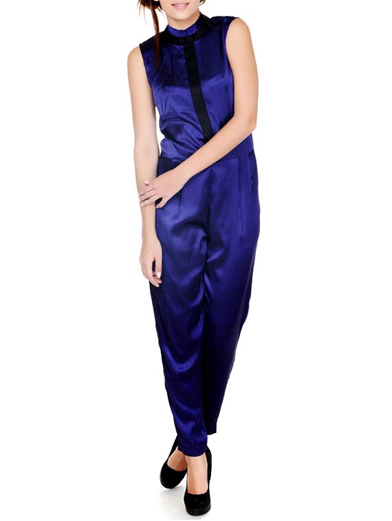 Navy Blue Shimmery Closed Neck Jumpsuit - Pera Doce