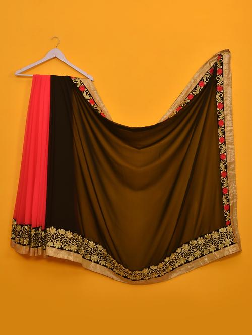 Divyanka Tripathi Super Black And Peach Designer Saree - Vamika