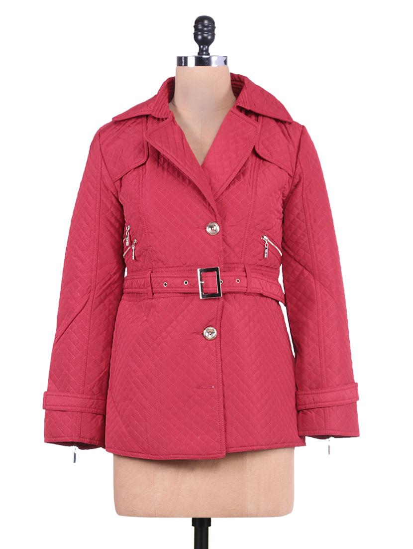 Solid Red Quilted Full-sleeved Jacket - By
