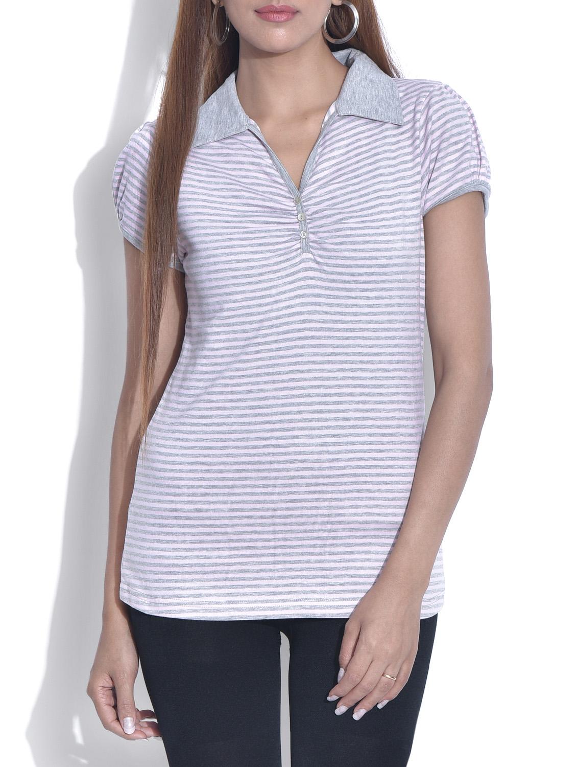 White And Grey Striped Knitted Cotton Top - By