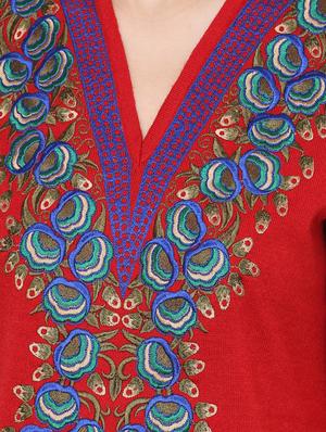 red embroidered full sleeved acrylic woolen kurta - 9646077 - Standard Image - 4