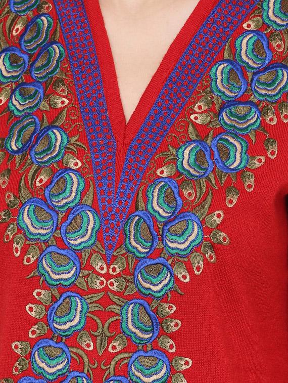 red embroidered full sleeved acrylic woolen kurta - 9646077 - Zoom Image - 4