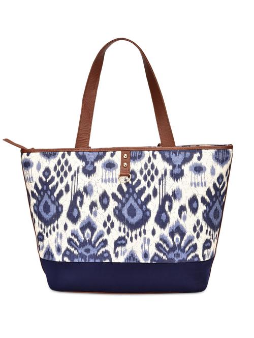 navy blue and off white printed jute and satin tote - 9659404 - Standard Image - 1
