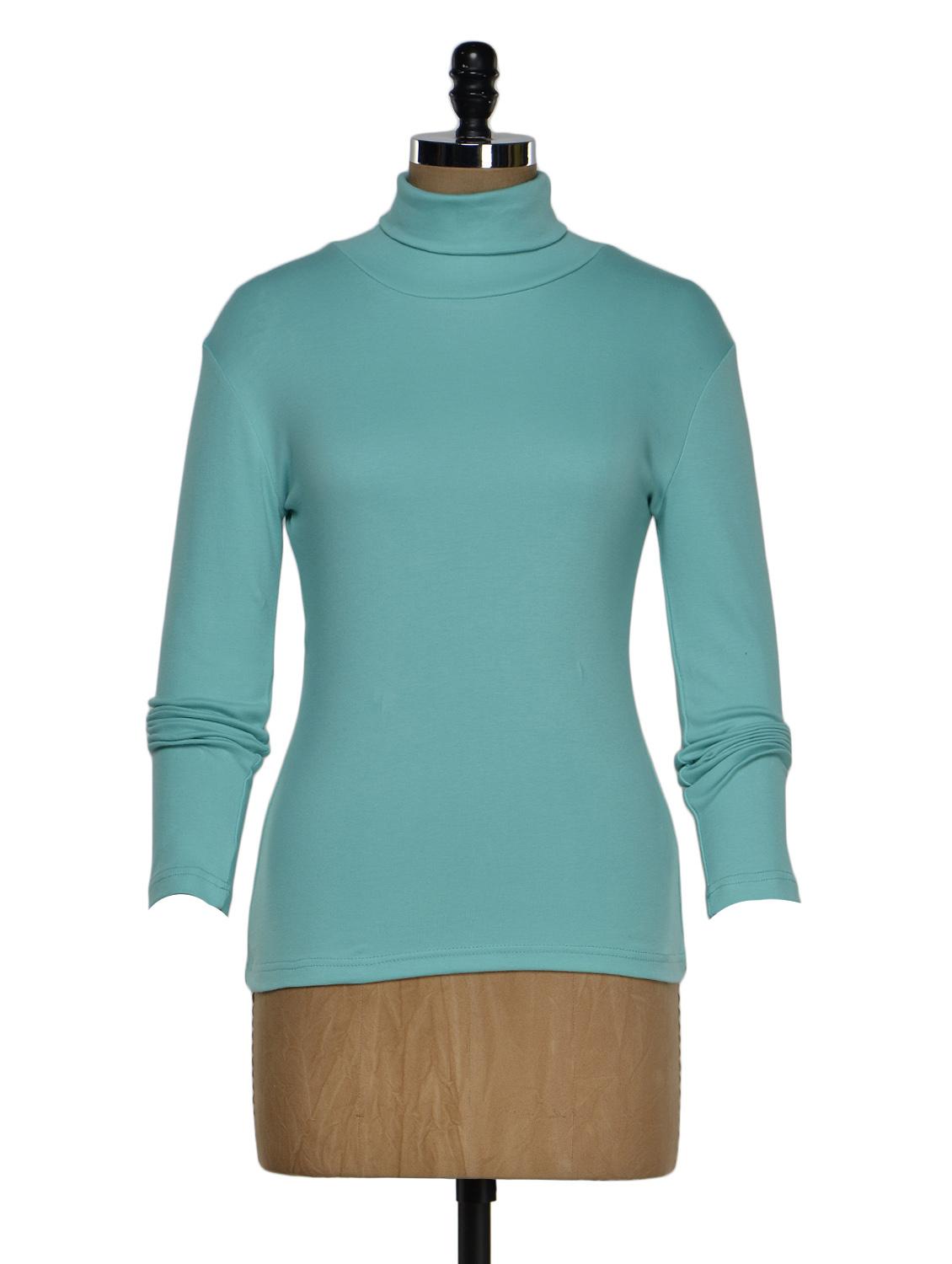 Turquoise Color Full Sleeves Casual High Neck T-shirt - Hypernation