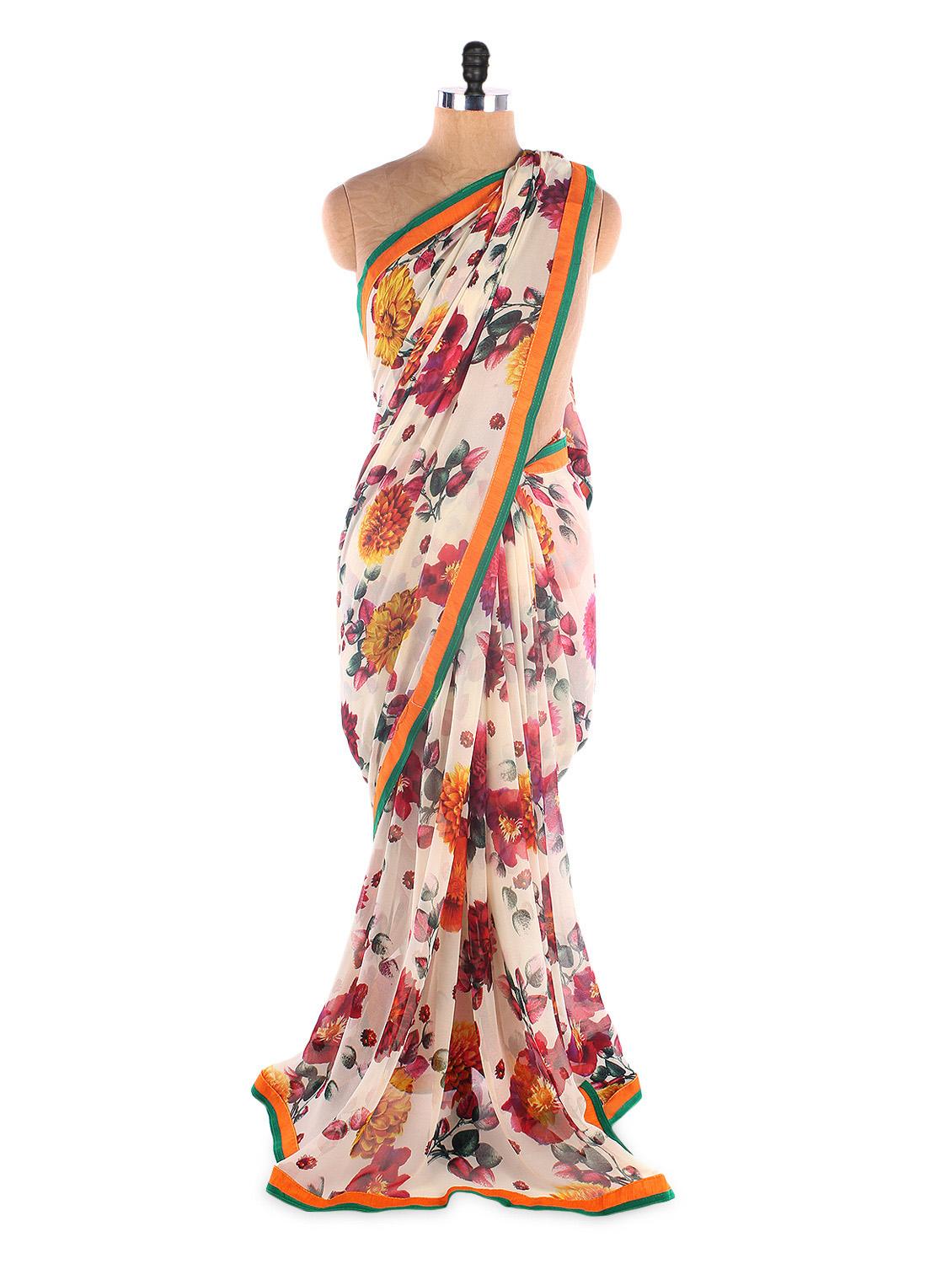 White Georgette Printed Saree With Lace Border - Suchi Fashion