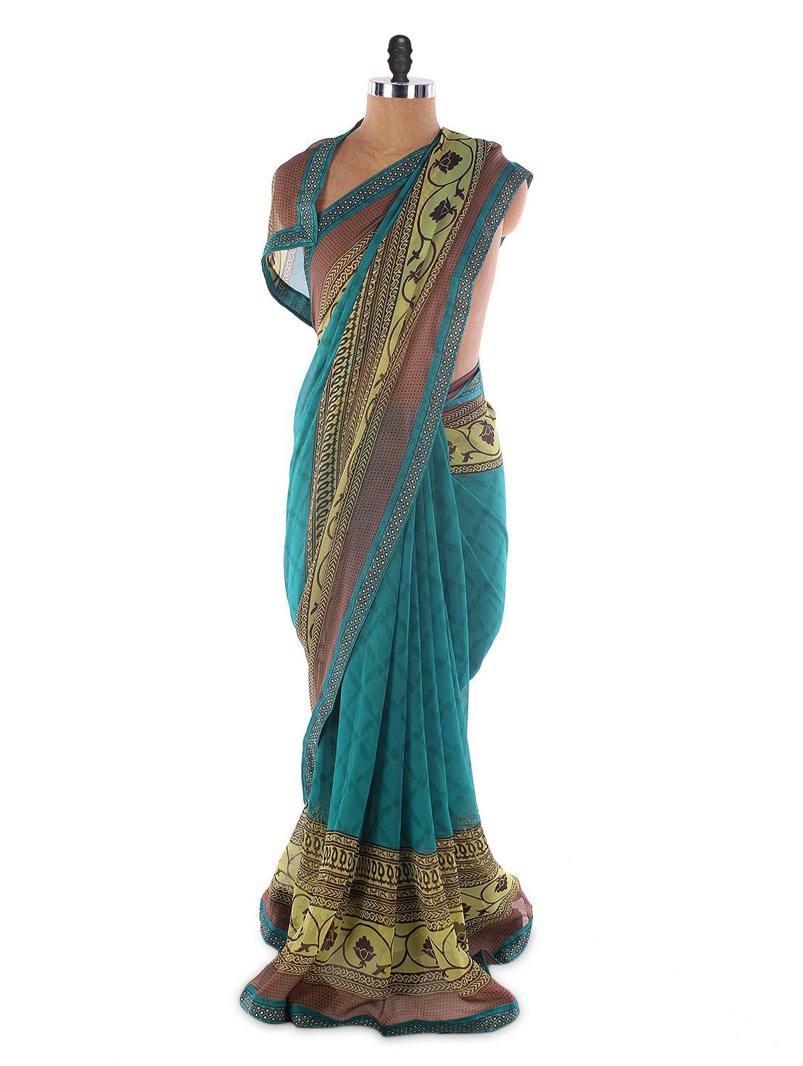 Blue Georgette Printed Saree With Lace Border - Suchi Fashion