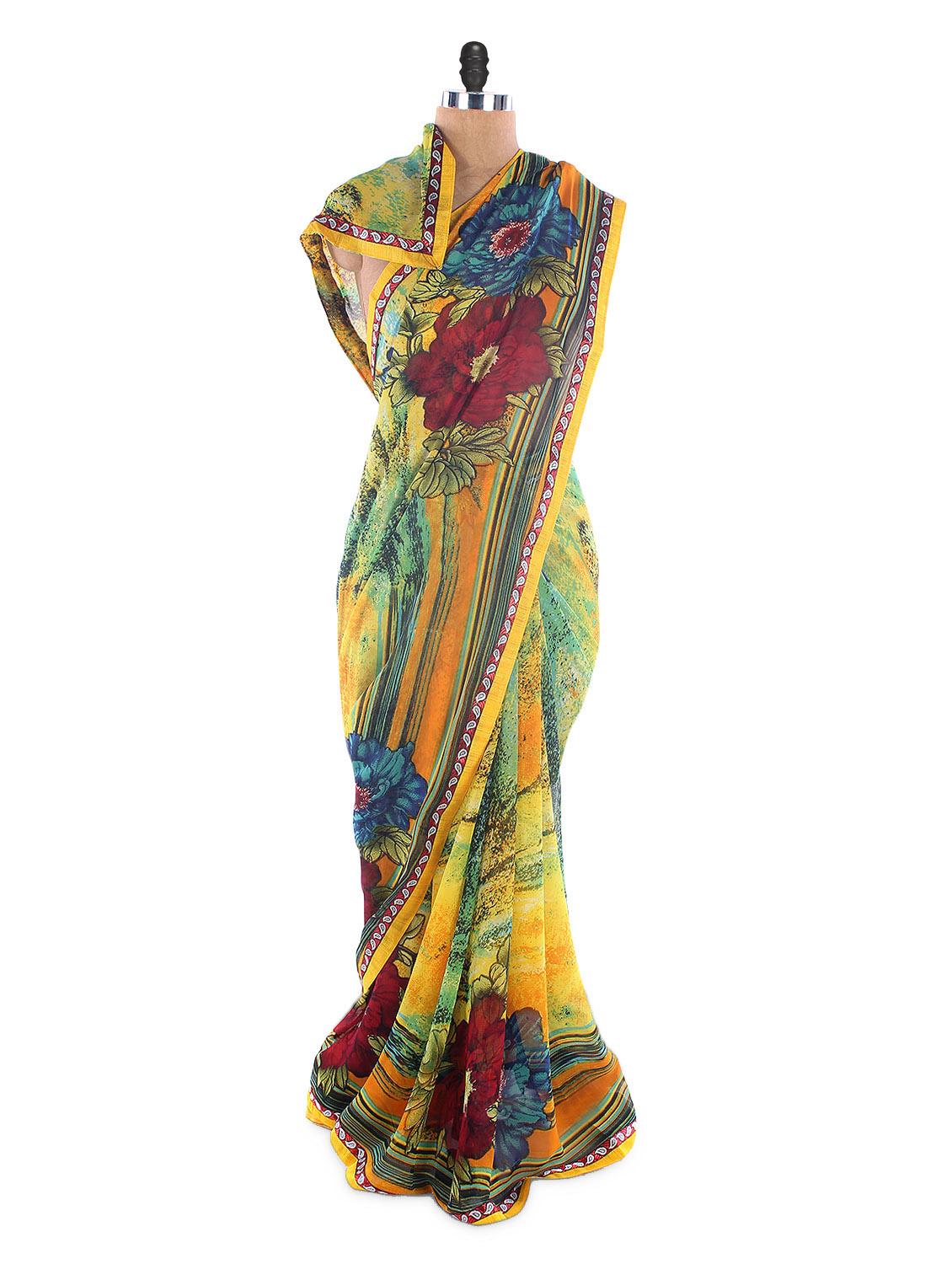 Yellow Weightless Georgette Printed Saree With Lace Border - Suchi Fashion