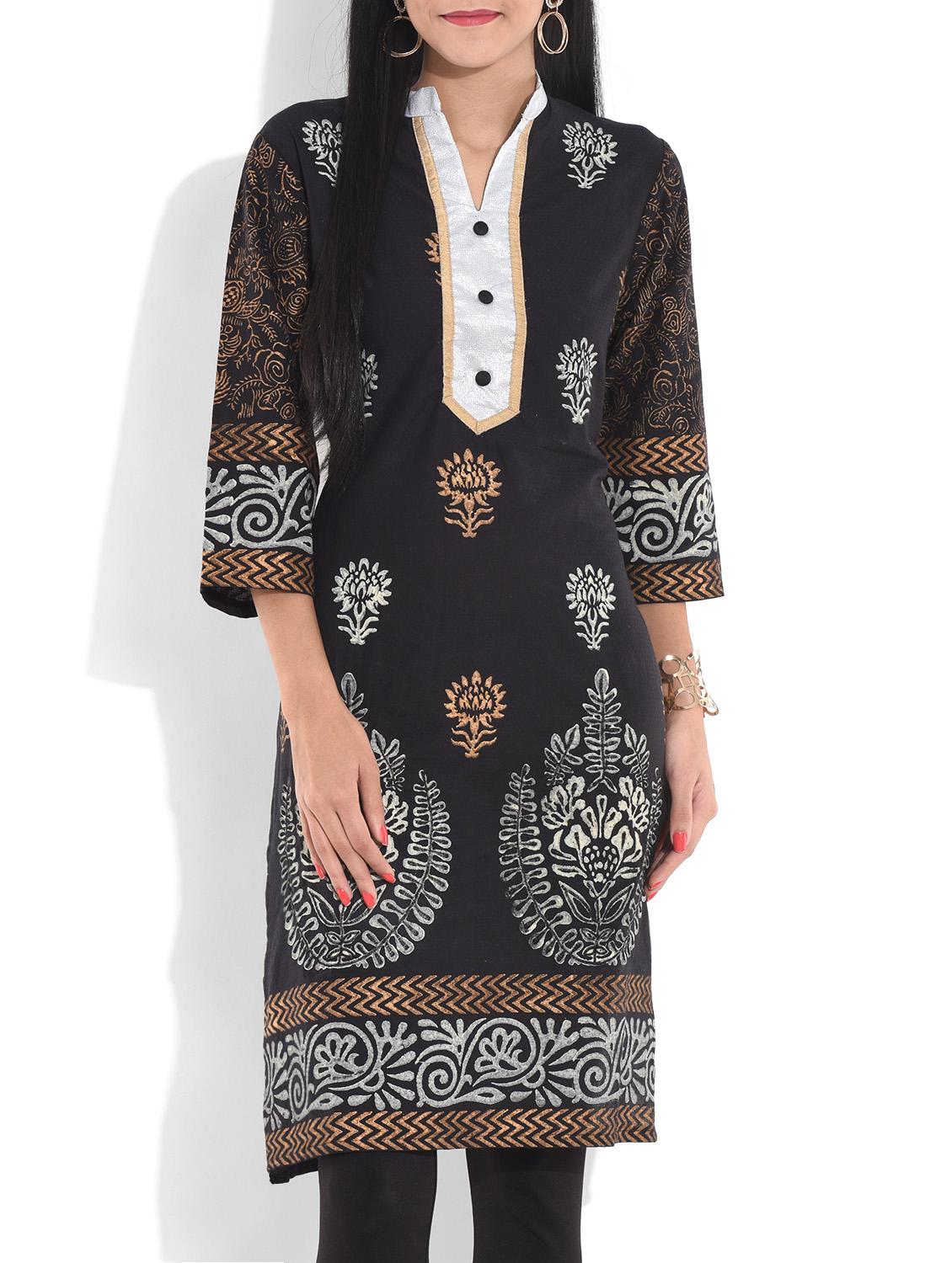 Black Block Printed Cotton Kurta - By