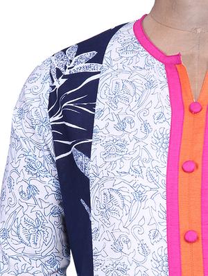 Black and White Printed Kurti with Orange Placket - 9676081 - Standard Image - 4