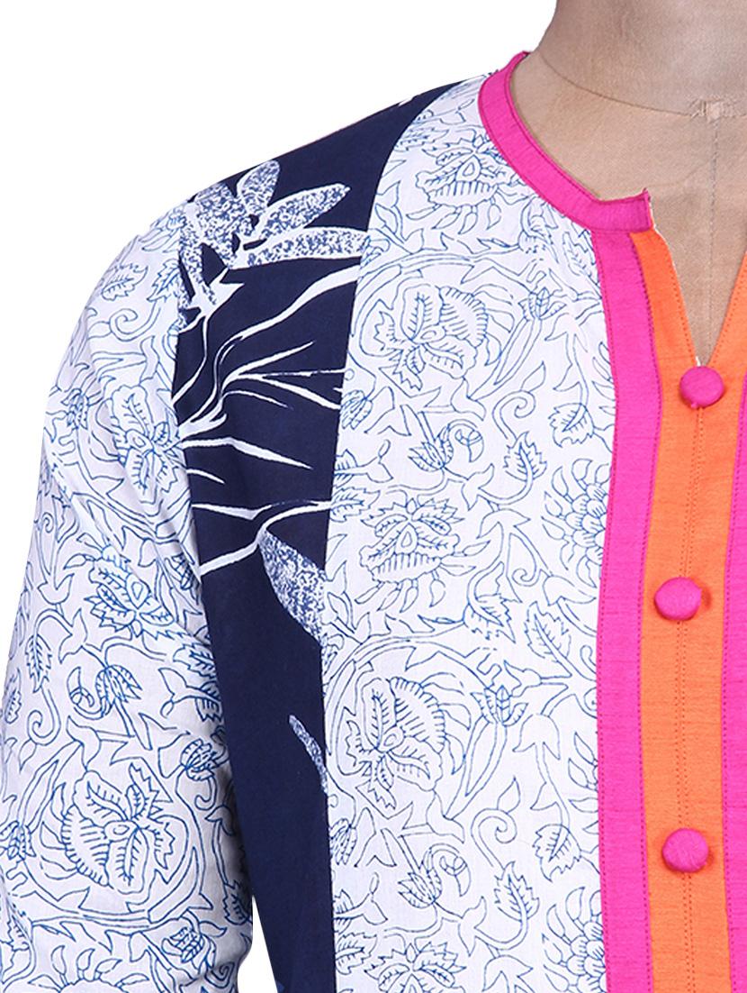 Black and White Printed Kurti with Orange Placket - 9676081 - Zoom Image - 4