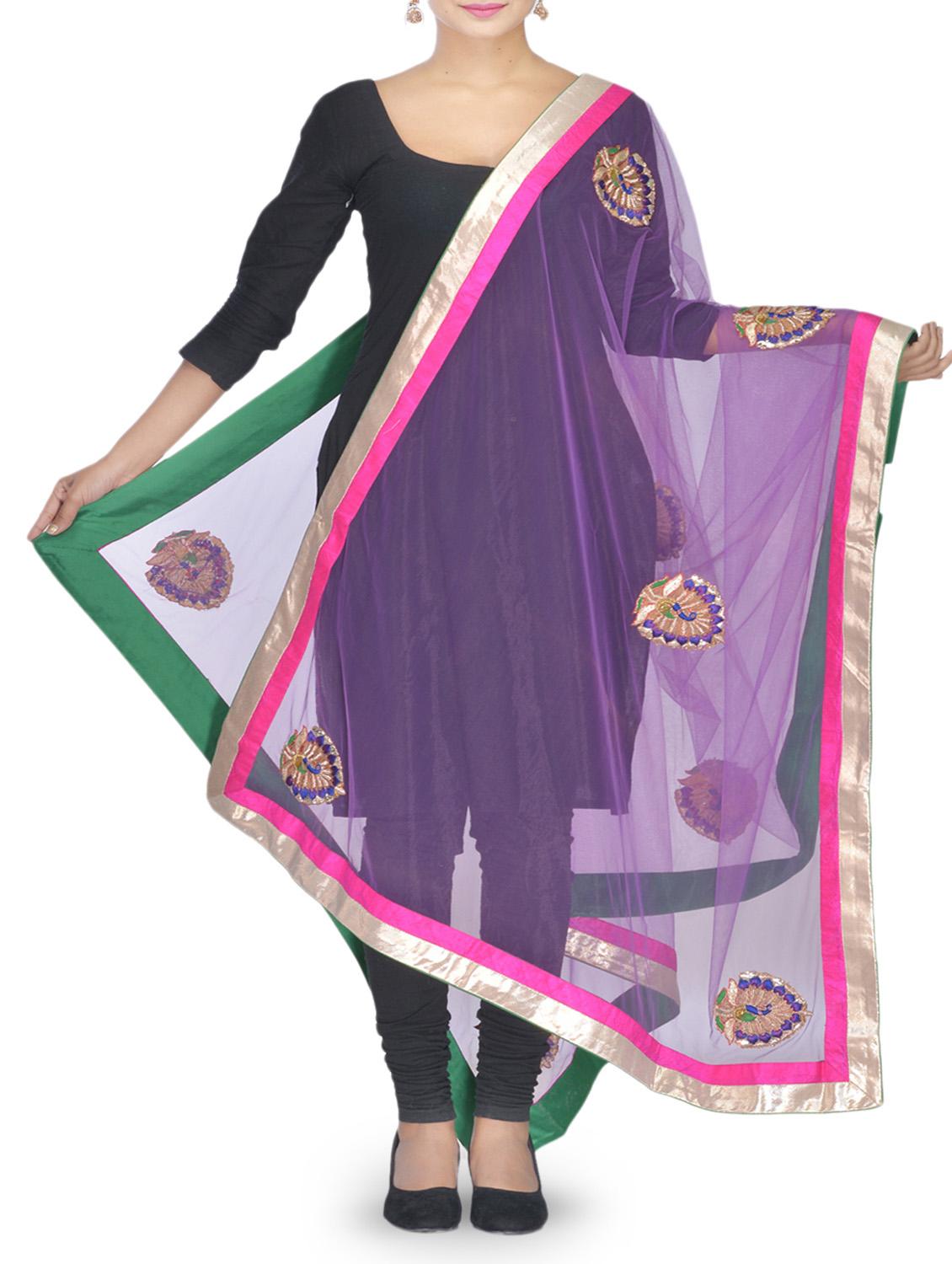 Purple Stone Embellished Net Dupatta - By