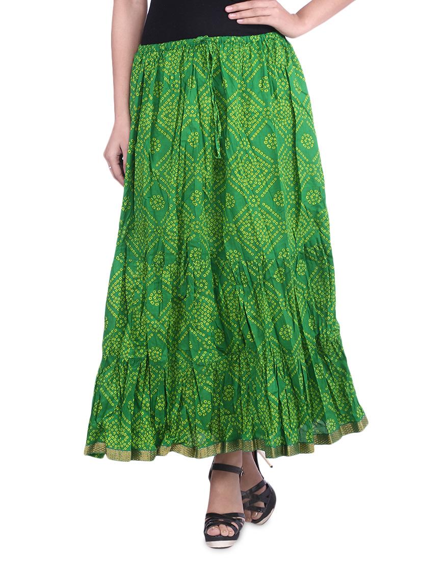 Dark Green Bandhej Printed Cotton Maxi Skirt - By
