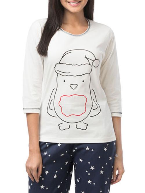 White and Blue Printed Top with Pyjama Set - 9695765 - Standard Image - 1