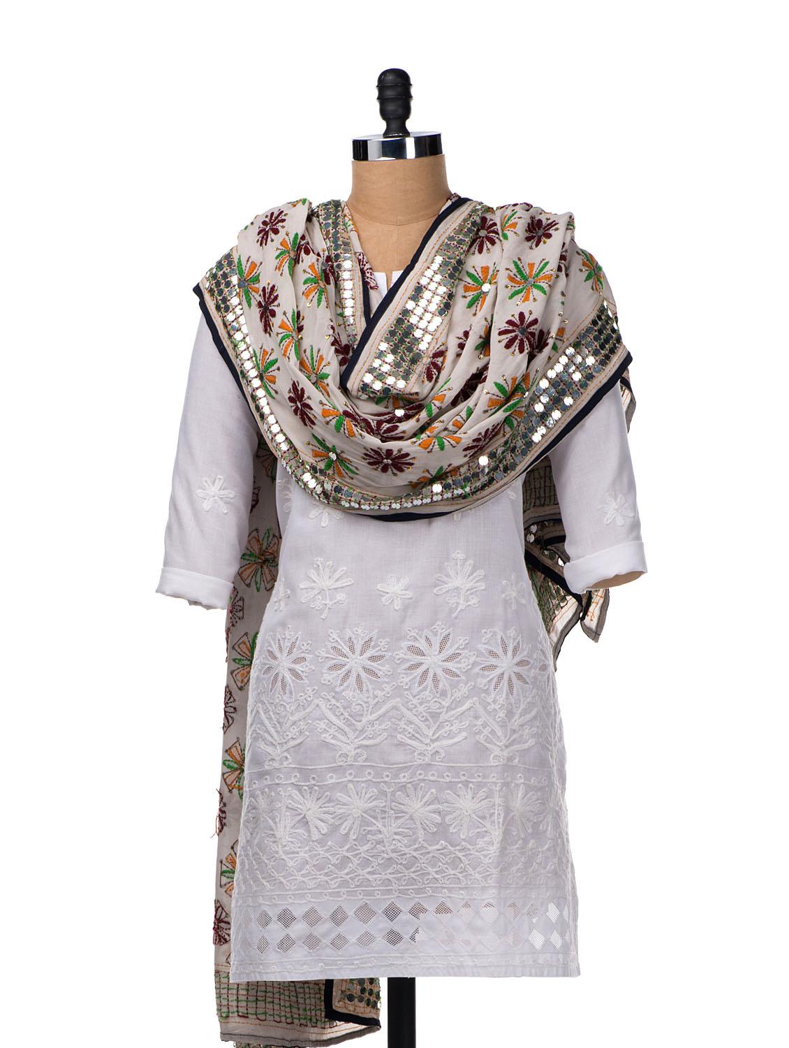 White Hand Embroidered Dupatta - Vayana