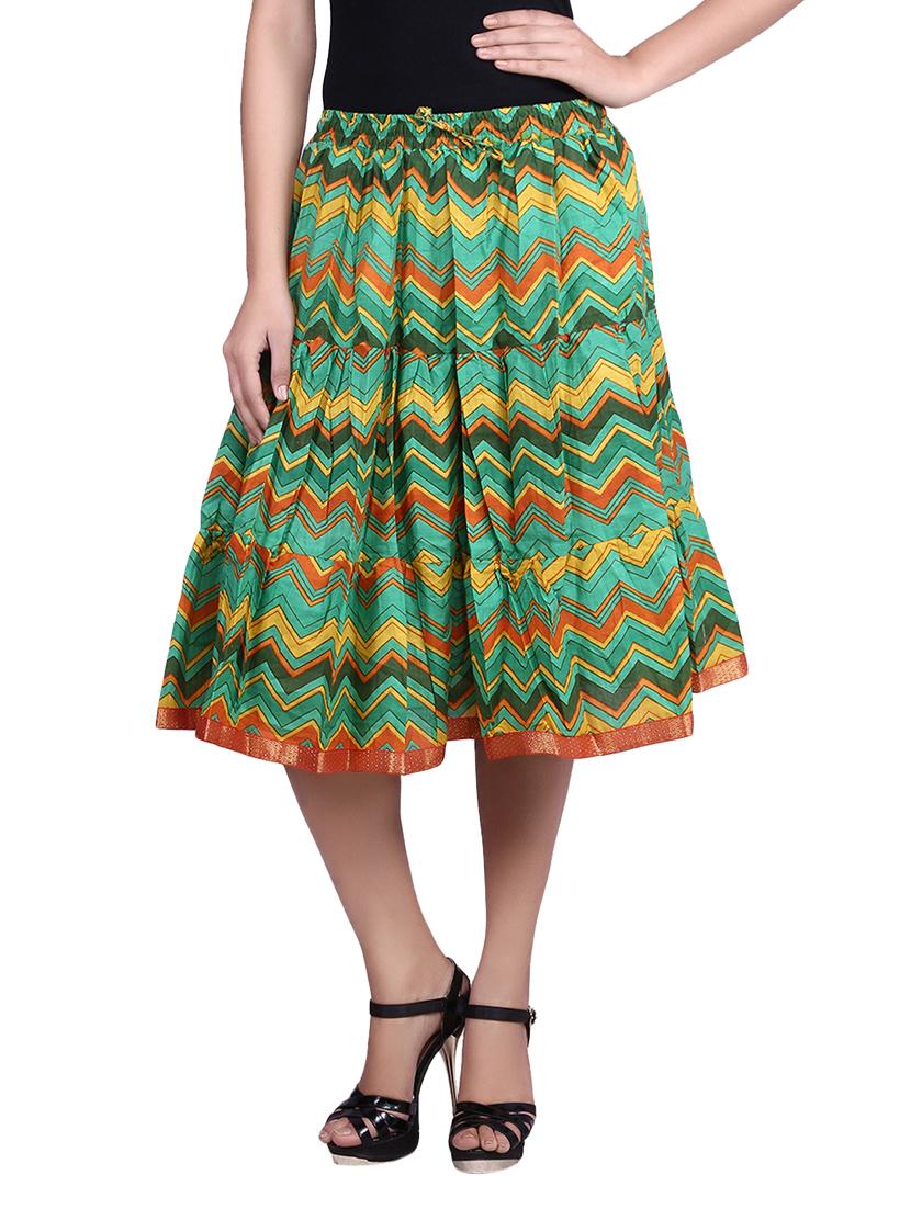 Multicolored Chevron Printed Cotton Gathered Short Skirt - By