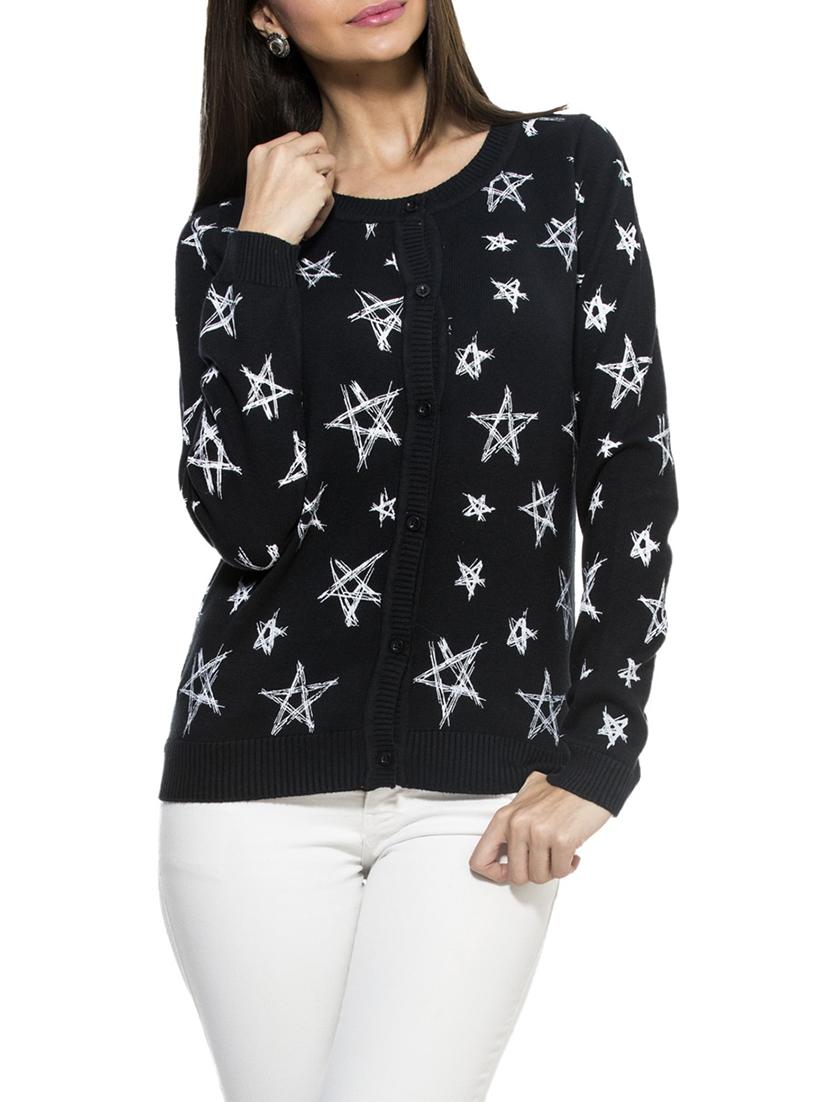 Black Round Neck Full Sleeved Star Print Cardigan - ZOVI