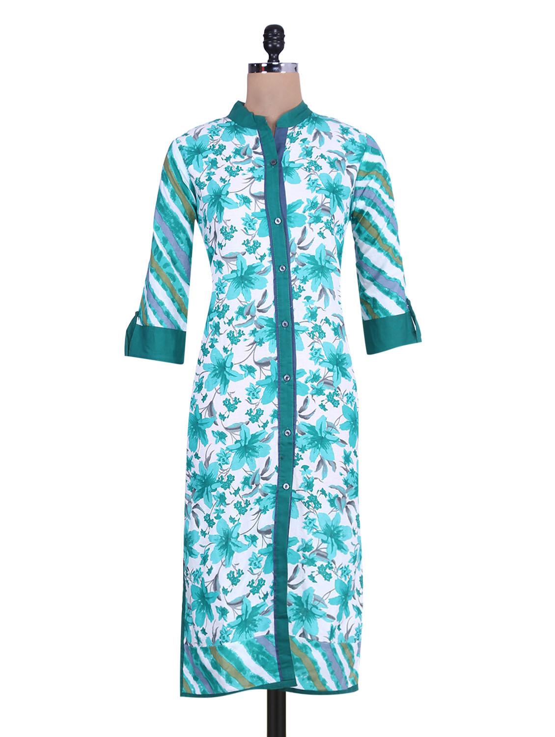 Turquoise Cotton Printed Kurta - By