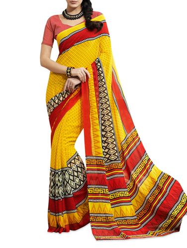 Printed Chiffon Yellow Saree With Blouse Piece
