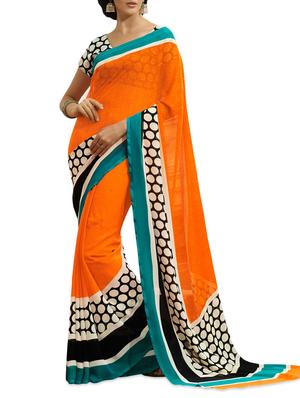 Printed Polka Dot Chiffon Orange Saree With Blouse Piece