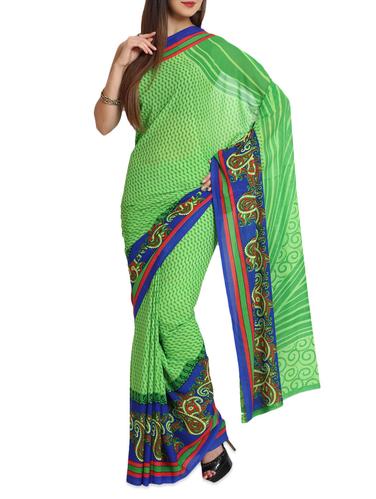 Printed Chiffon Green Saree With Blouse Piece