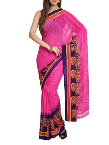 Printed Chiffon Pink Saree With Blouse Piece